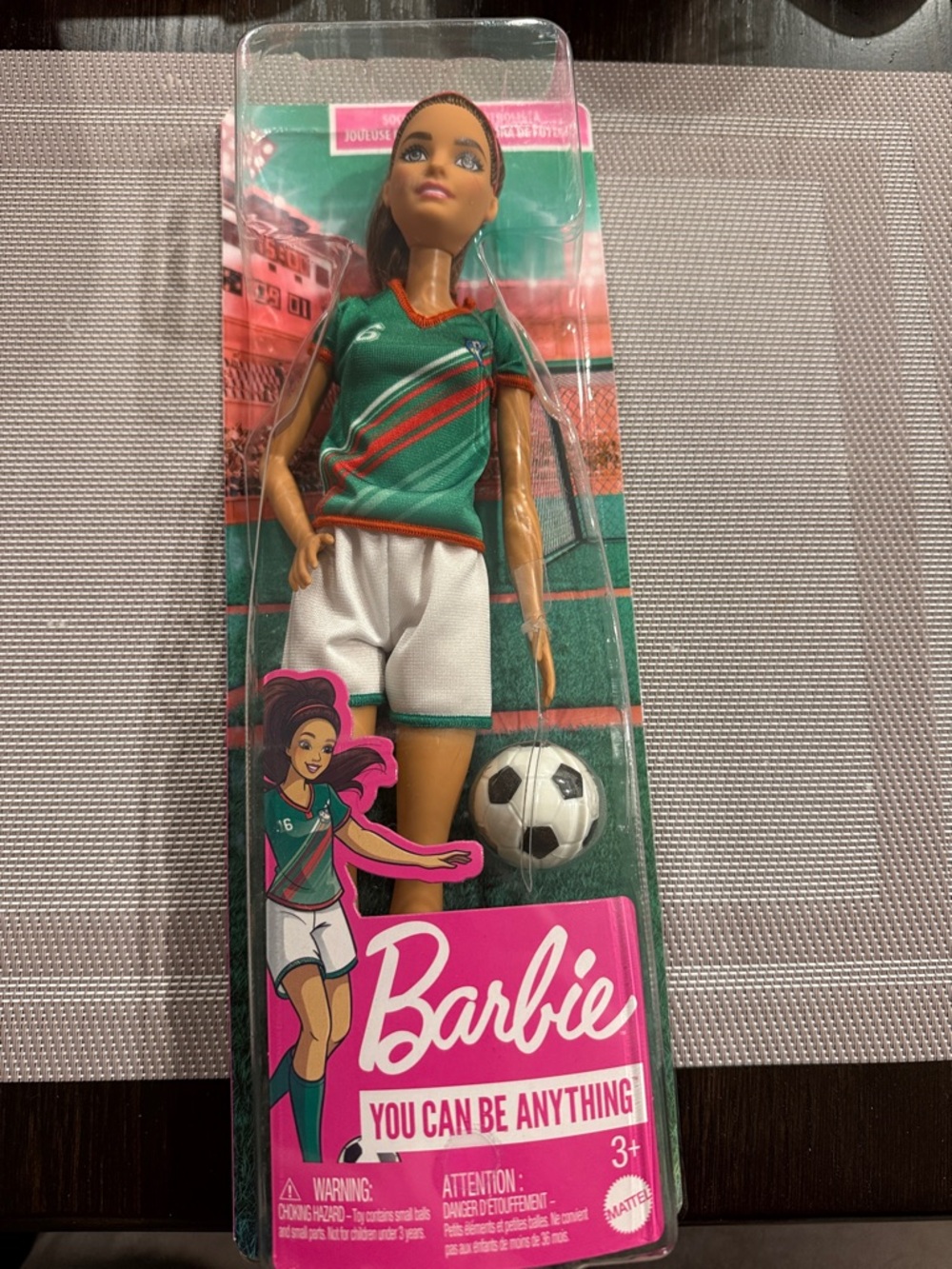 Barbie Green, White & Red Soccer Doll with Ball